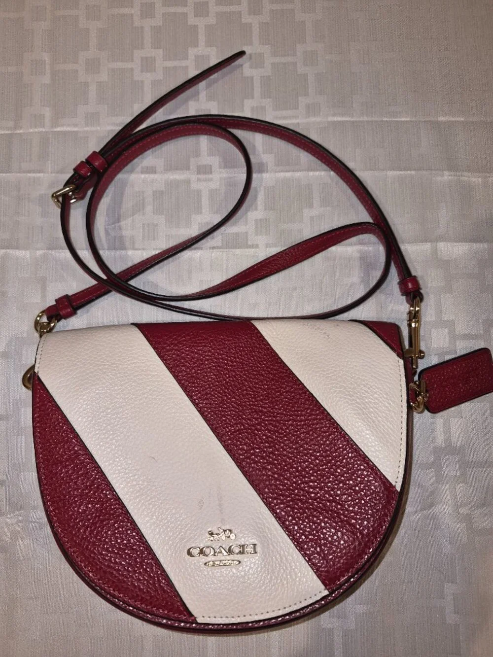 Coach Ellen Pebbled Leather Colorblock Saddle Crossbody Bag Red White